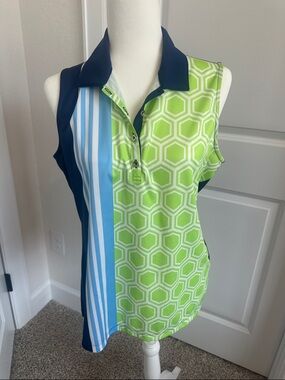 EP Pro Sleeveless Polo in Lime Green & Navy with Sky Blue Stripes